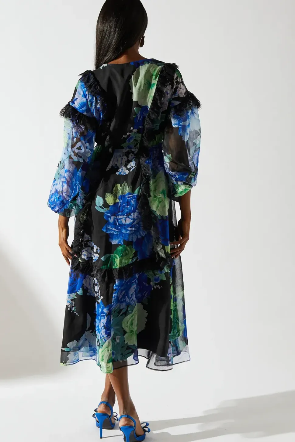 Floral Chiffon Tie Neck Lace Trim Dress