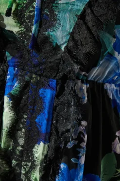 Floral Chiffon Tie Neck Lace Trim Dress