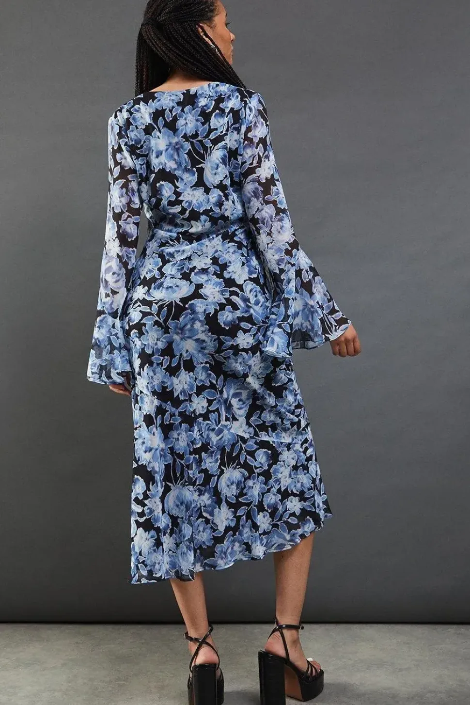 Floral Chiffon V Neck Flute Sleeve Midi Dress