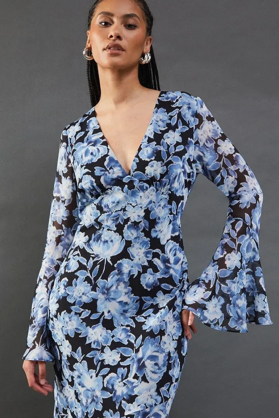 Floral Chiffon V Neck Flute Sleeve Midi Dress