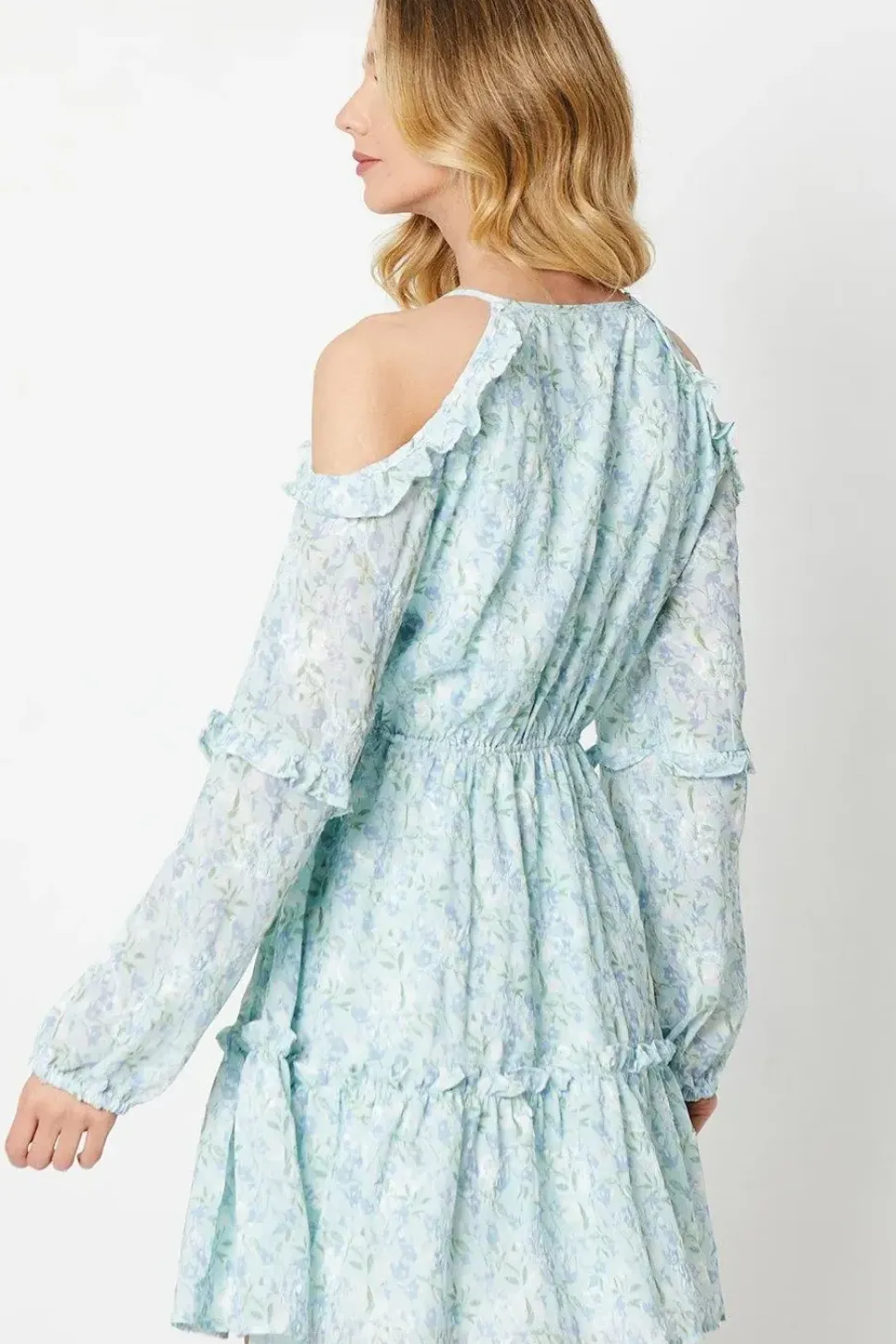Floral Cold Shoulder Ruffle Detail Mini Dress