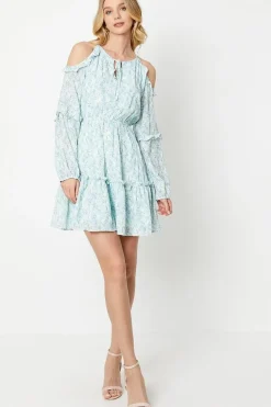 Floral Cold Shoulder Ruffle Detail Mini Dress