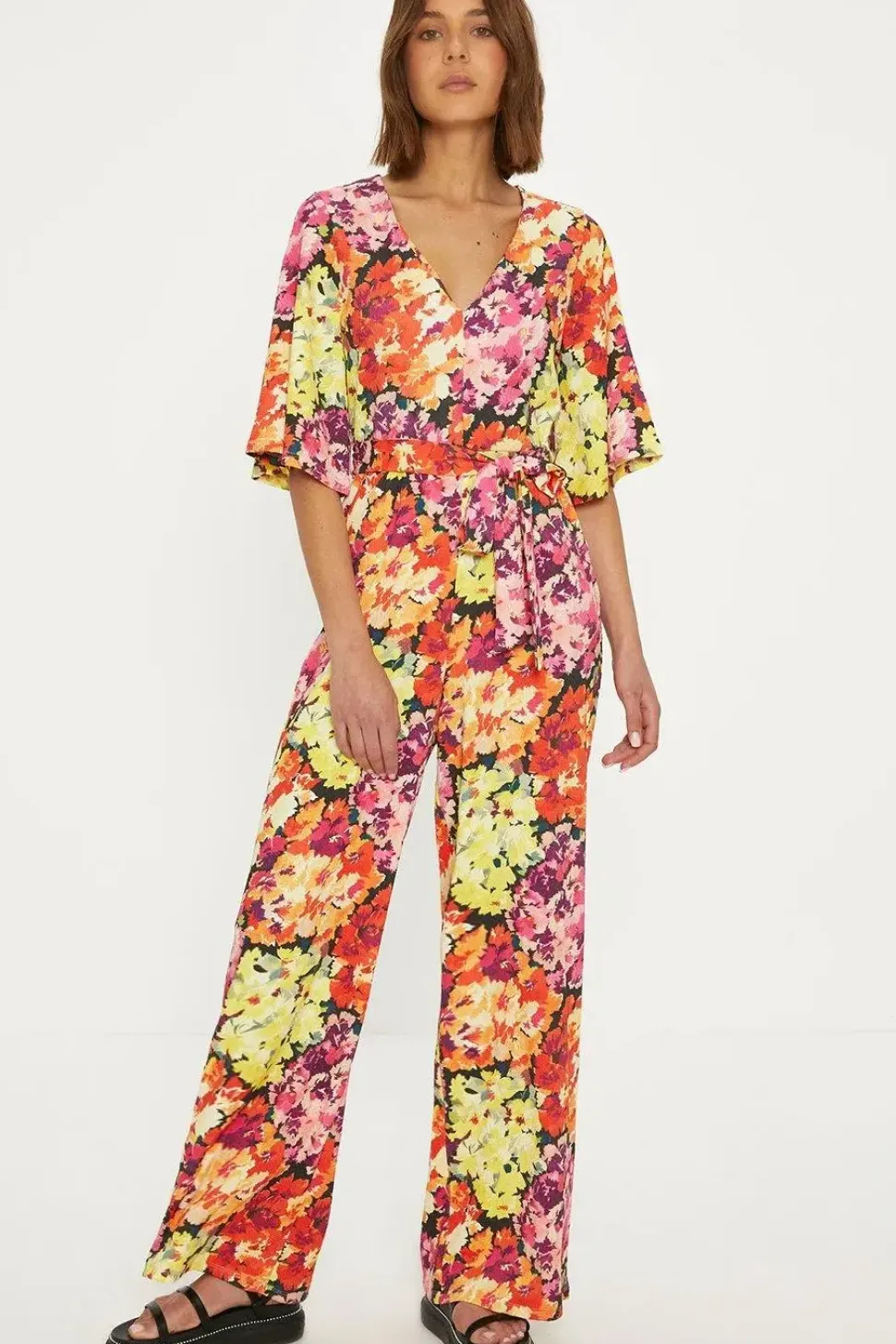 Floral Crinkle Angel Sleeve Jumpsuit