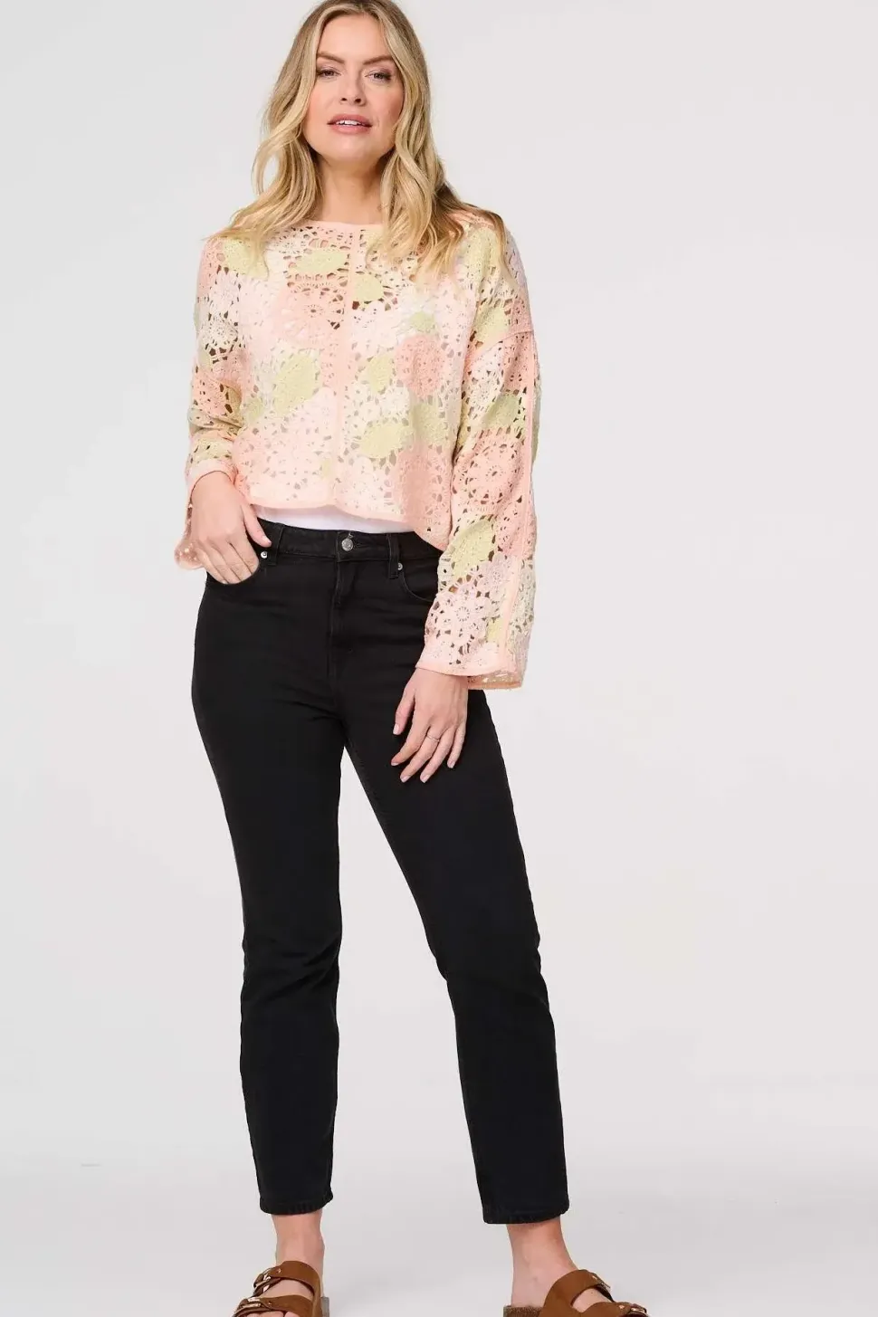 Floral Crochet Cropped Long Sleeve Top