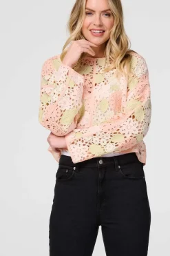 Floral Crochet Cropped Long Sleeve Top