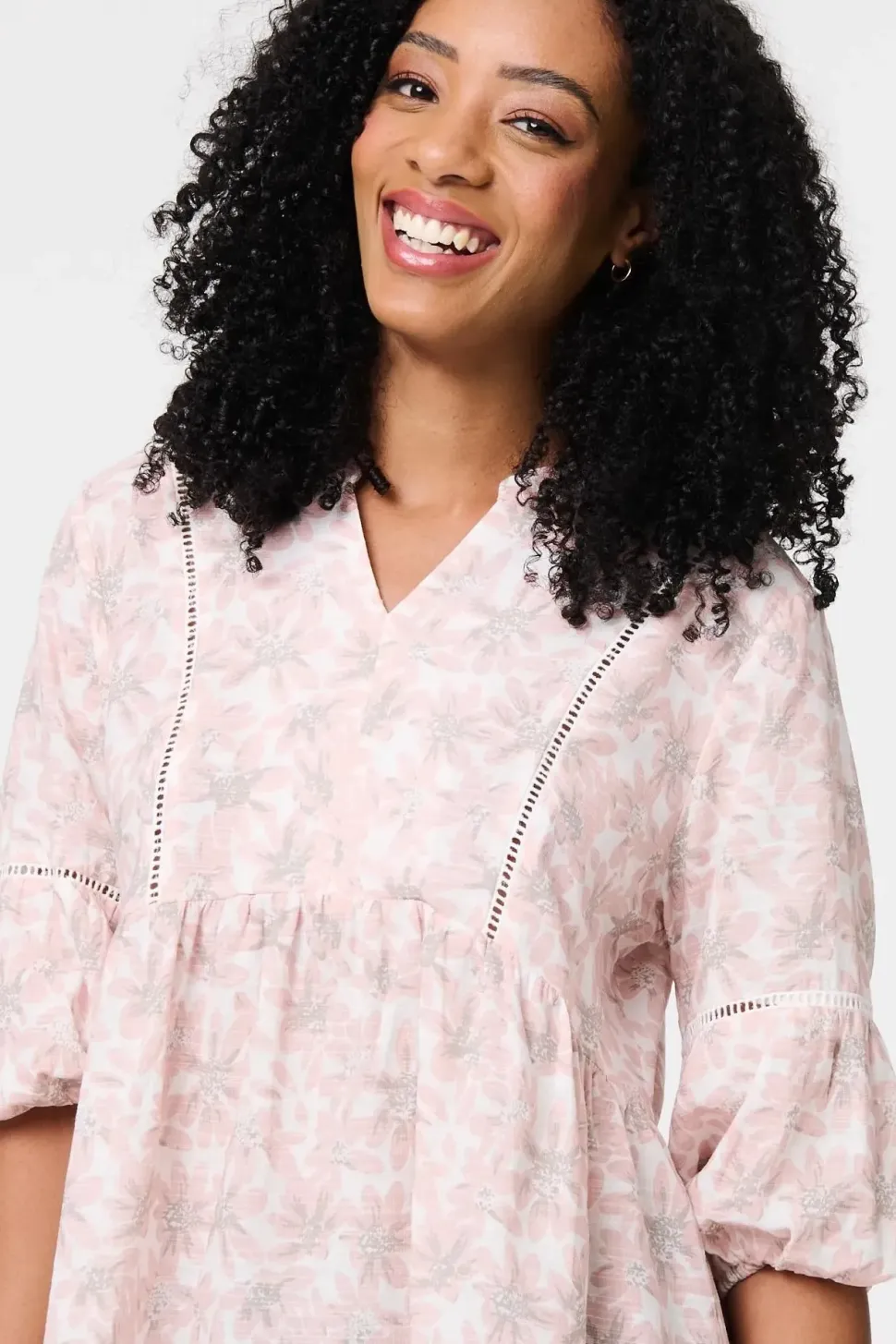 Floral Curve Hem 3/4 Puff Sleeve Blouse