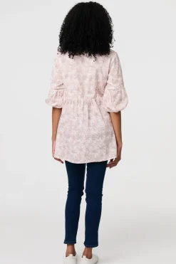 Floral Curve Hem 3/4 Puff Sleeve Blouse