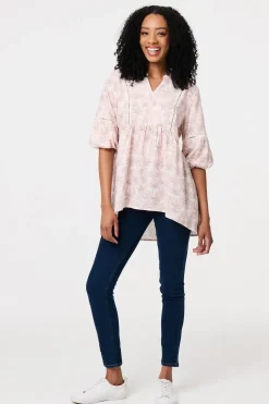 Floral Curve Hem 3/4 Puff Sleeve Blouse