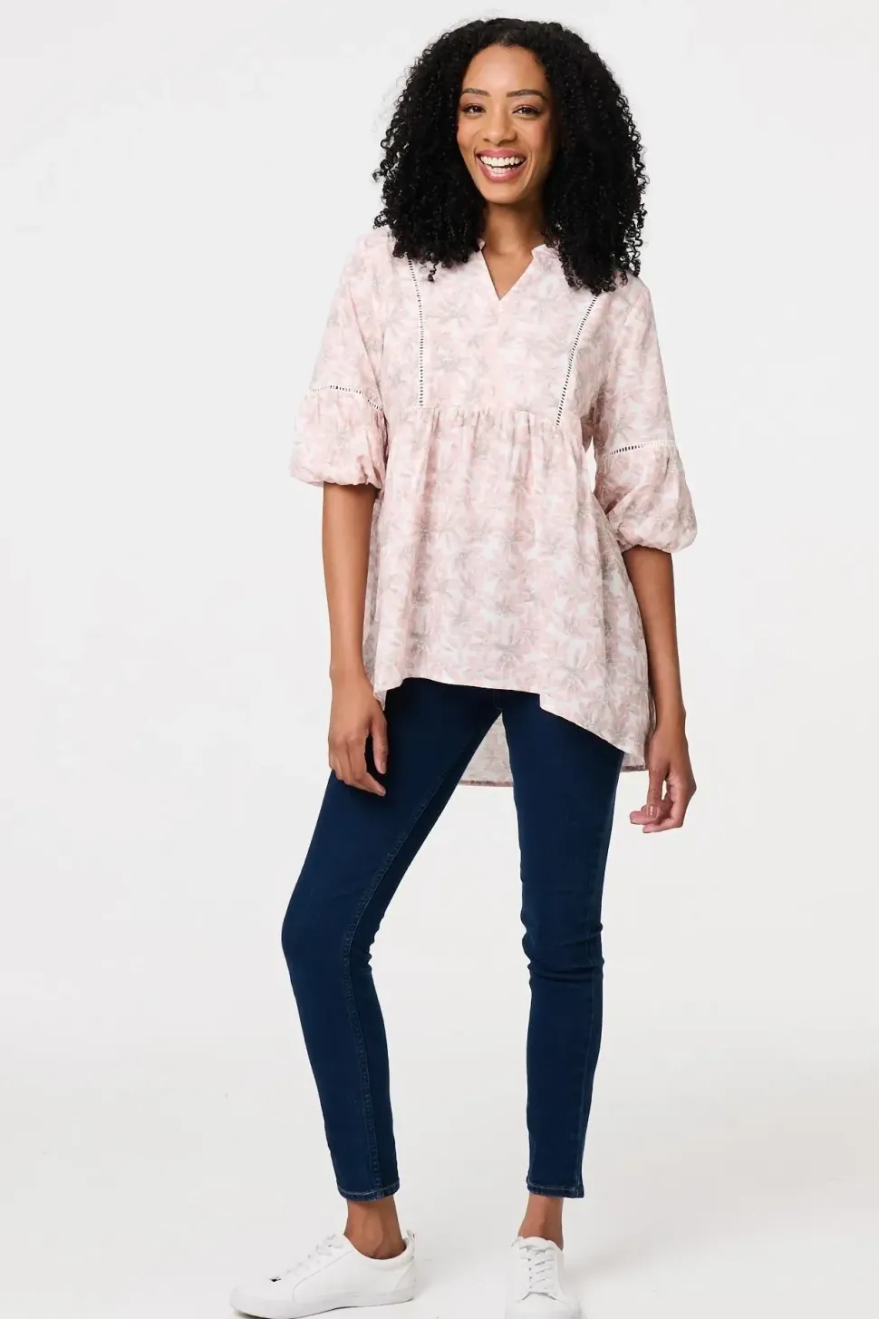 Floral Curve Hem 3/4 Puff Sleeve Blouse