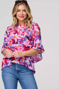 Floral Curve Hem 2/3 Sleeve Top