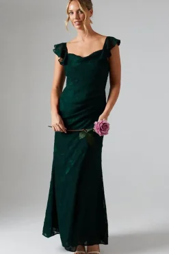 Floral Detail Fabric Ruche Front Bridesmaids Dress