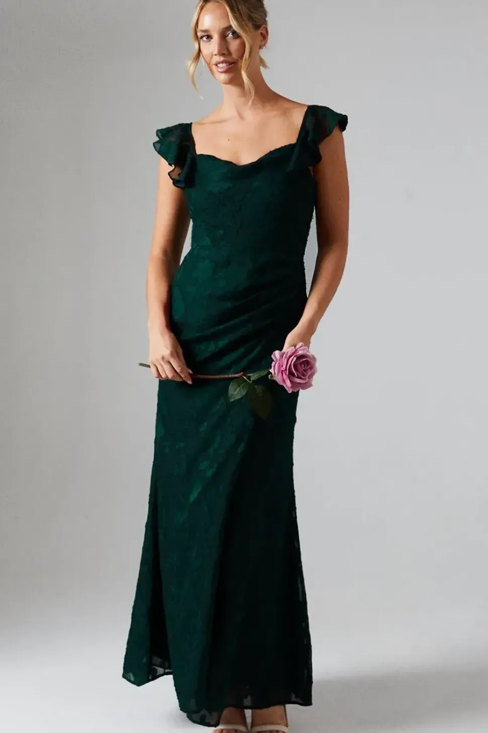 Floral Detail Fabric Ruche Front Bridesmaids Dress