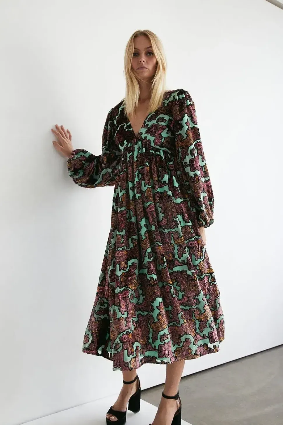 Floral Devore Plunge Neck Midi Dress