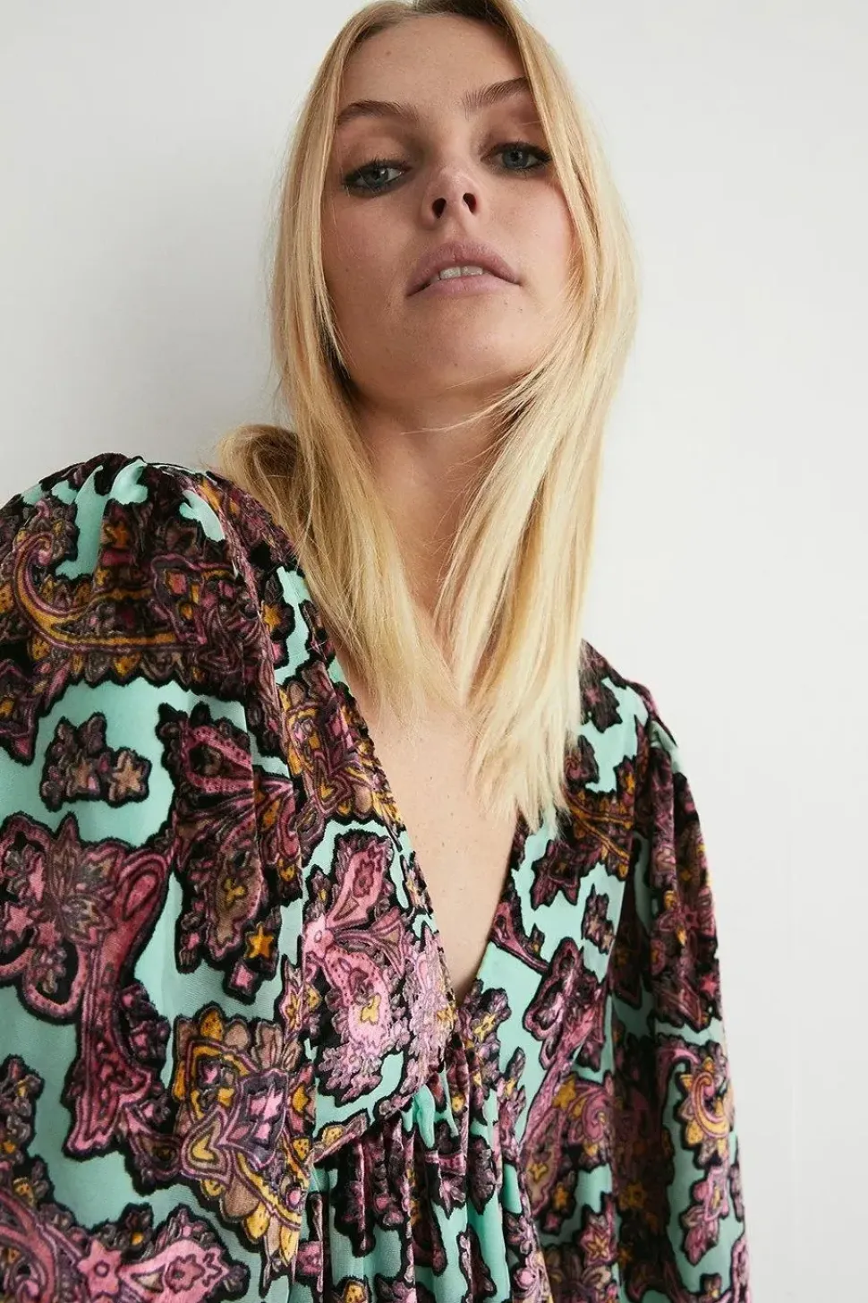 Floral Devore Plunge Neck Midi Dress