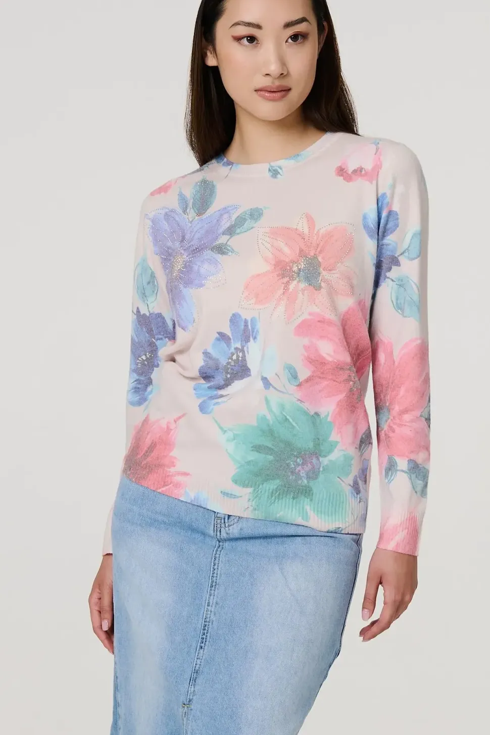 Floral Diamante Detail Long Sleeve Jumper