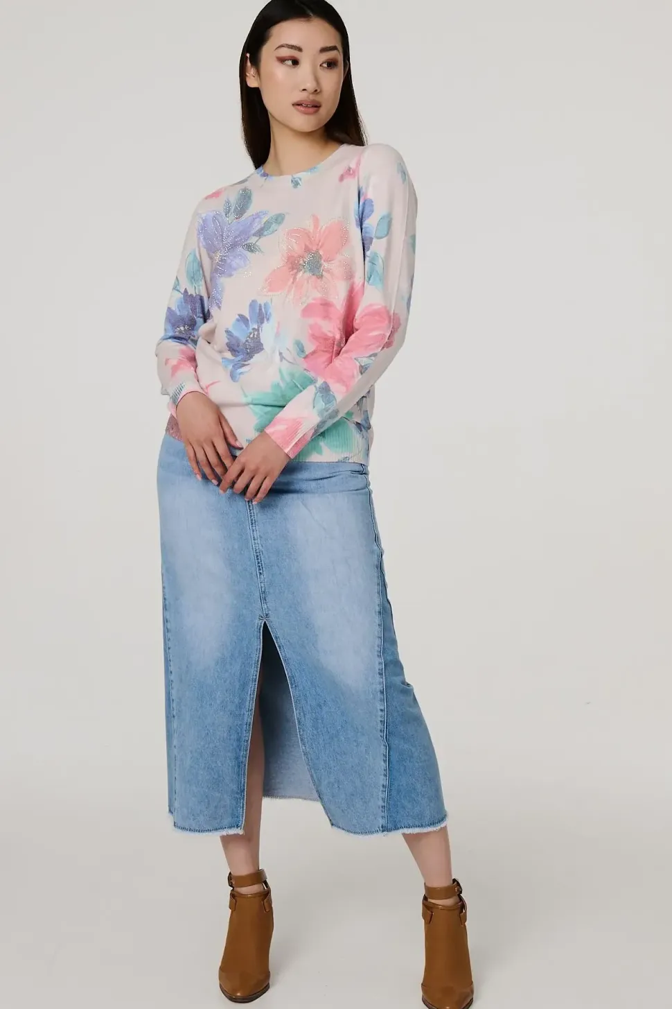 Floral Diamante Detail Long Sleeve Jumper