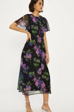 Floral Dobby Chiffon Angel Sleeve Dress