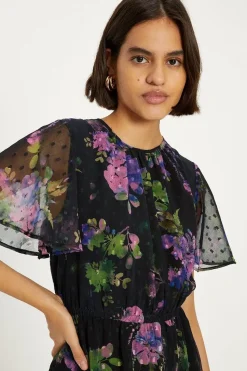 Floral Dobby Chiffon Angel Sleeve Dress