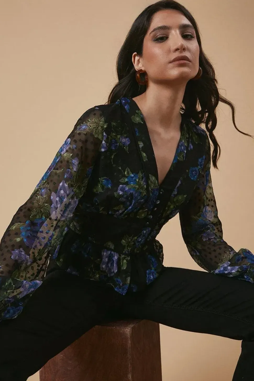 Floral Dobby Chiffon Contrast Detail Button Through Blouse