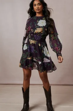 Floral Dobby Chiffon Lace Trim Tie Back Mini Dress