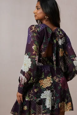 Floral Dobby Chiffon Lace Trim Tie Back Mini Dress
