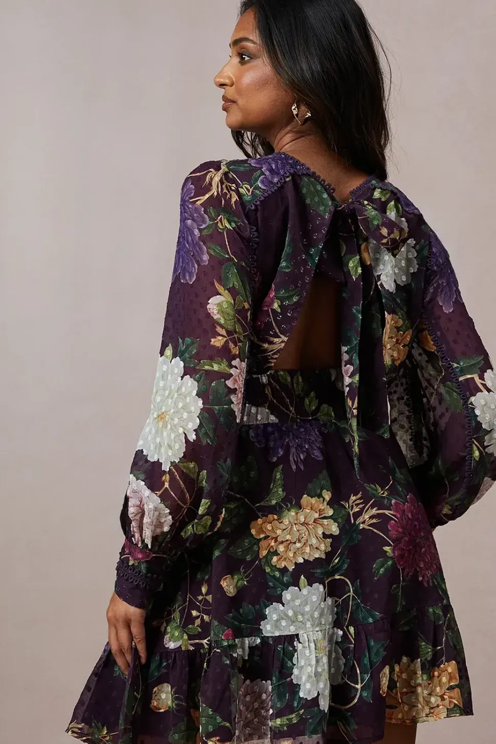 Floral Dobby Chiffon Lace Trim Tie Back Mini Dress