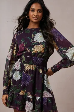 Floral Dobby Chiffon Lace Trim Tie Back Mini Dress