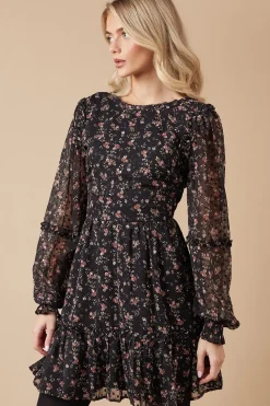 Floral Dobby Chiffon Ruffle Detail Mini Dress