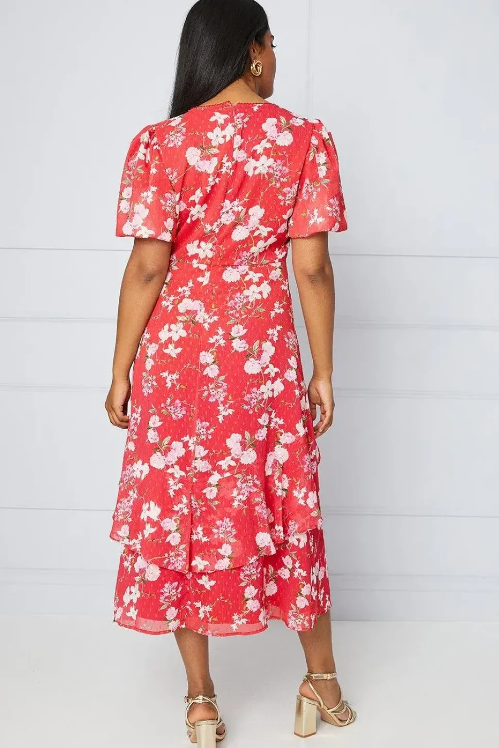 Floral Dobby Lace Trim Ruffle Midi Dress