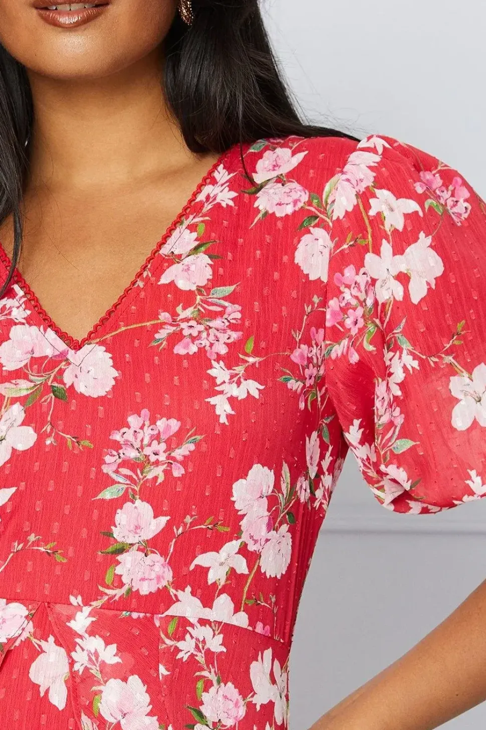 Floral Dobby Lace Trim Ruffle Midi Dress