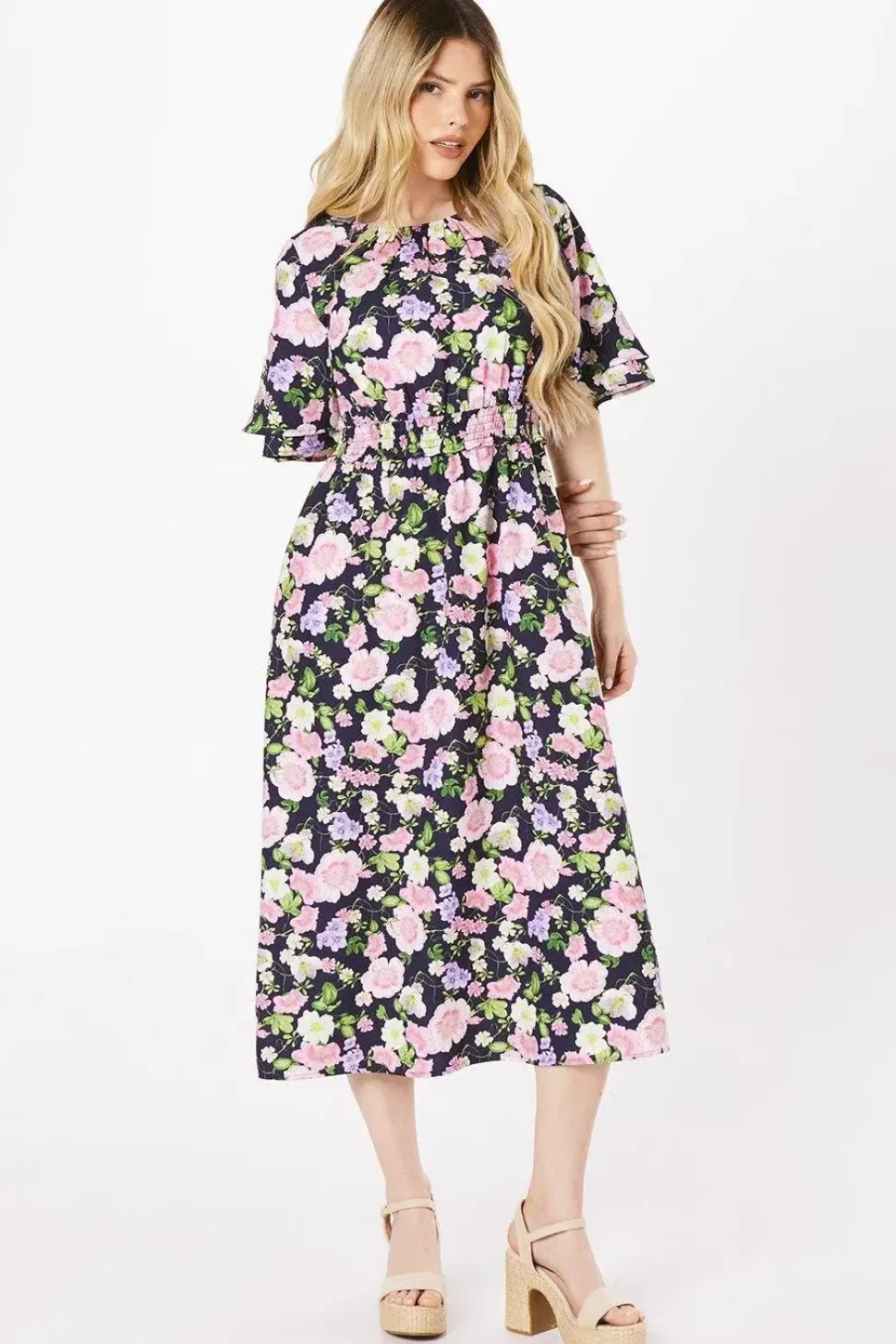 Floral Double Frill Sleeve Shirred Waist Midi Dress