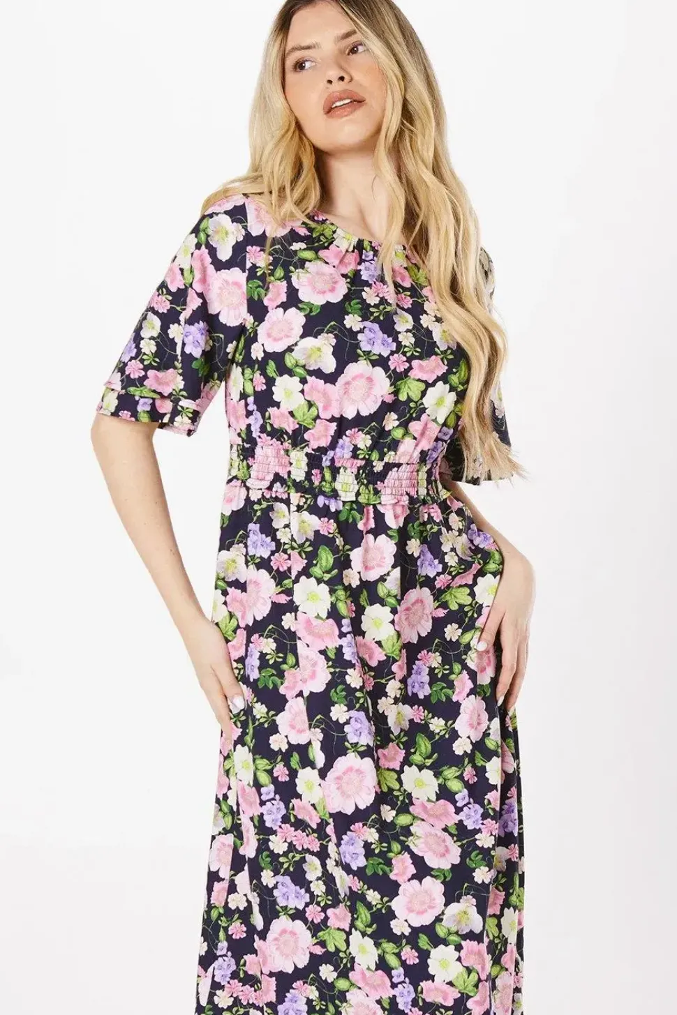 Floral Double Frill Sleeve Shirred Waist Midi Dress