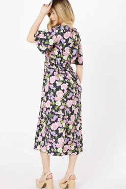 Floral Double Frill Sleeve Shirred Waist Midi Dress