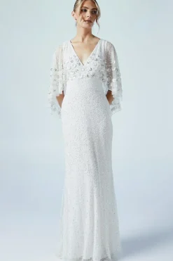 Floral Embellished Cape Bridal Maxi Dress