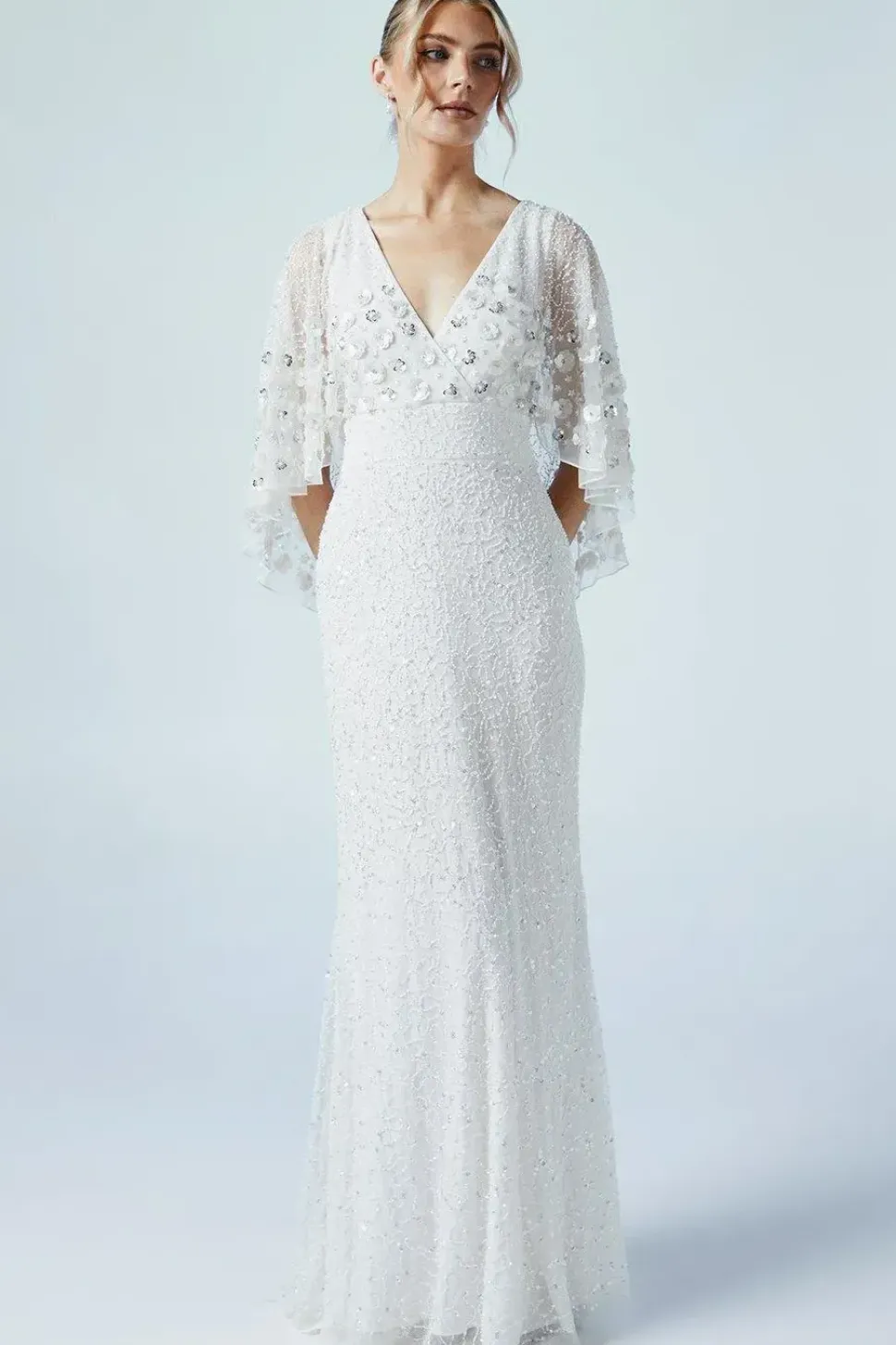 Floral Embellished Cape Bridal Maxi Dress