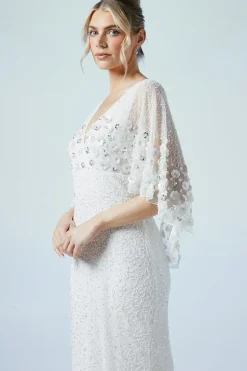 Floral Embellished Cape Bridal Maxi Dress