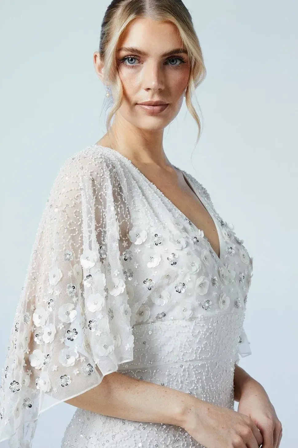 Floral Embellished Cape Bridal Maxi Dress