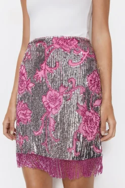Floral Embellished Fringe Sequin Mini Skirt