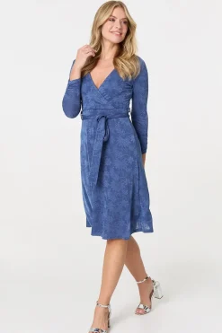 Floral Embossed Tie Waist Knee Length Dress