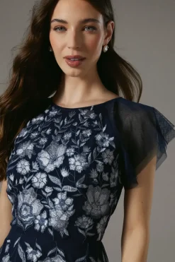 Floral Embroidered And Beaded Flutter Sleeve Maxi Dress