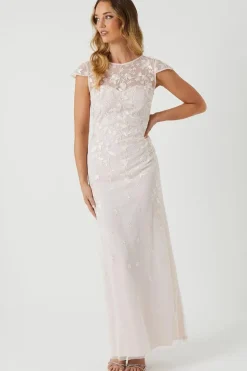 Floral Embroidered Cap Sleeve Bridesmaid Maxi Dress