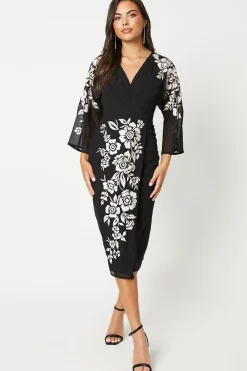 Floral Embroidered Kimono Sleeve Wrap Dress