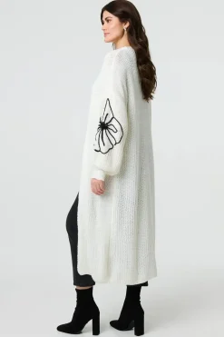 Floral Embroidered Longline Open Cardigan