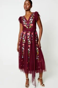 Floral Embroidered Mesh Wrap Over Waist Midi Dress