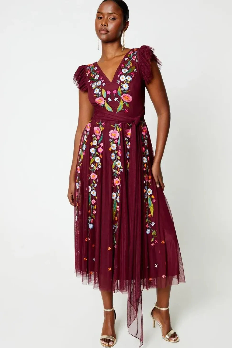 Floral Embroidered Mesh Wrap Over Waist Midi Dress