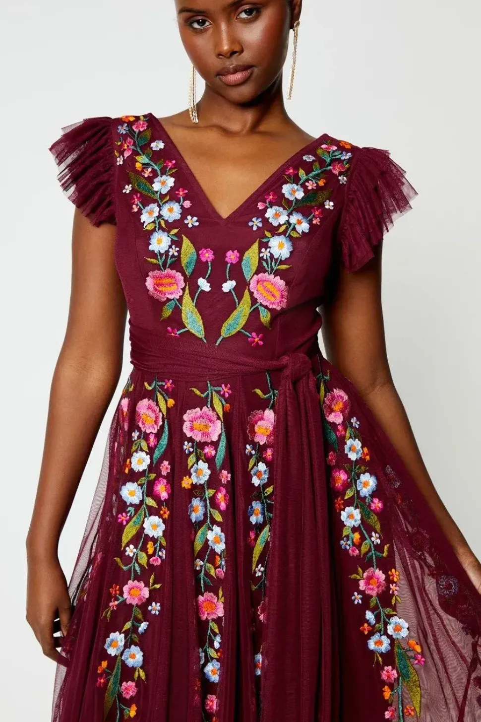 Floral Embroidered Mesh Wrap Over Waist Midi Dress