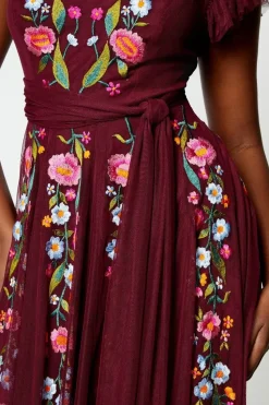Floral Embroidered Mesh Wrap Over Waist Midi Dress