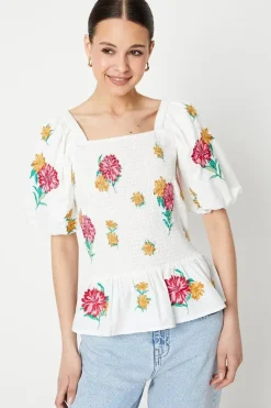 Floral Embroidered Shirred Bodice Blouse