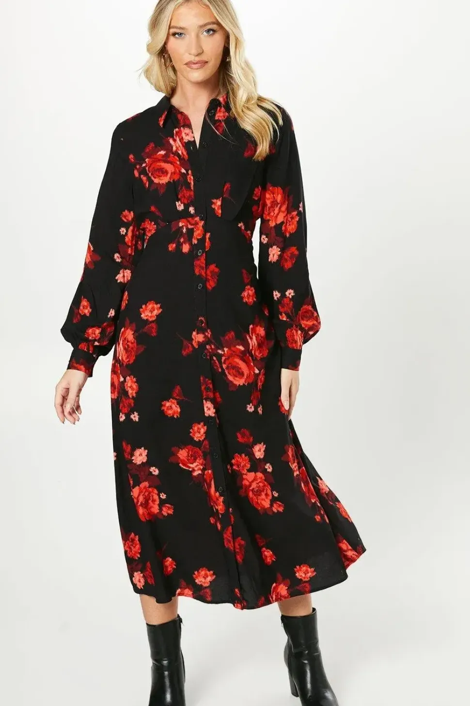 Floral Empire Half Placket Midi Shirt Dress