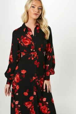 Floral Empire Half Placket Midi Shirt Dress